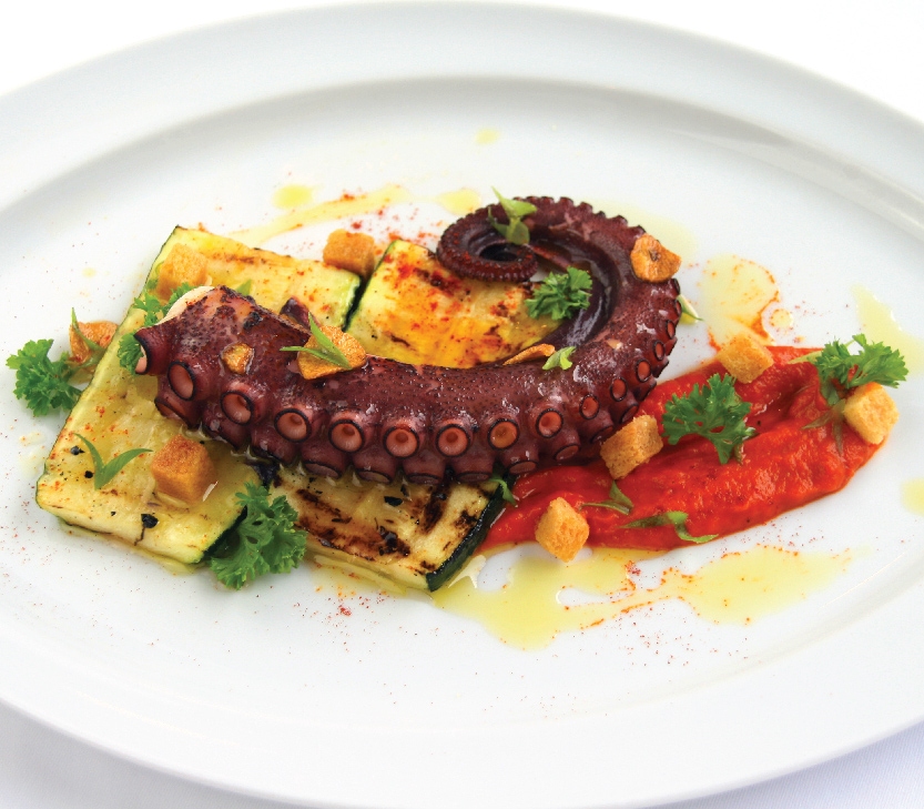 A-La-Carte - Grilled Octopus leg with roasted red bell pepper mousse and grilled zucchini