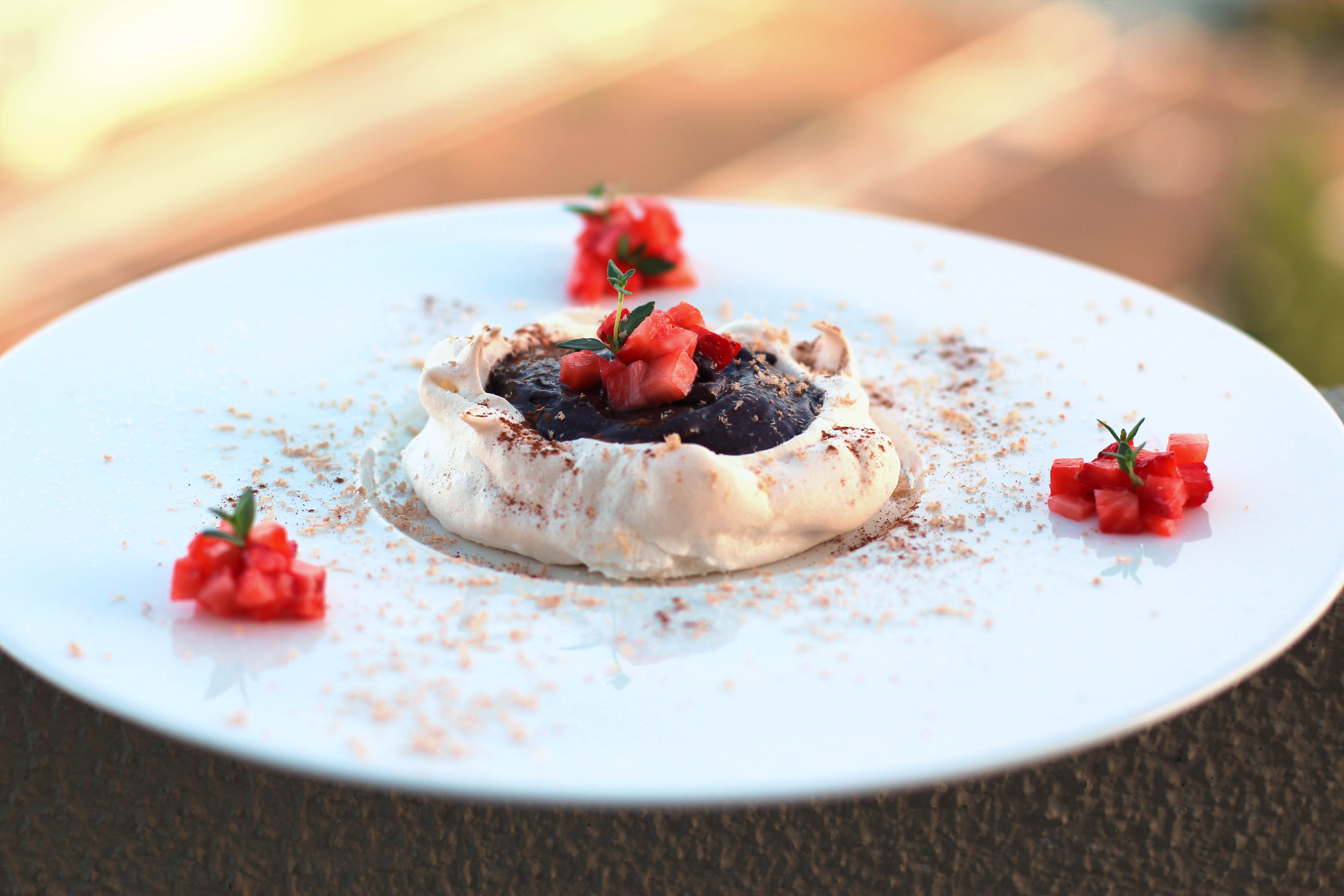 Pavlova with Port Wine Chocolate Mousse and Fresh Strawberries